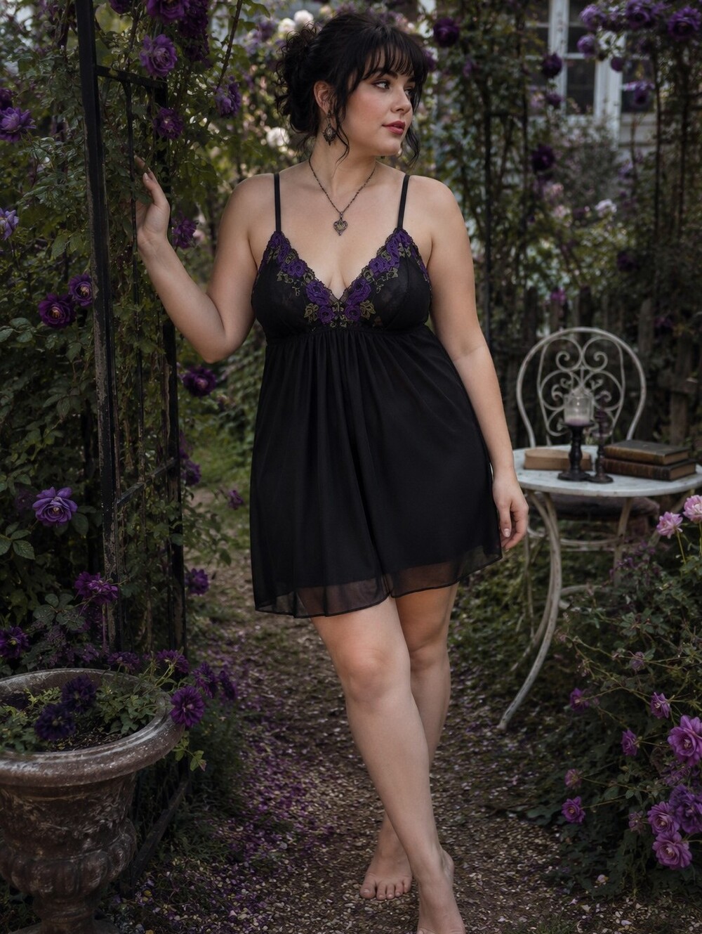Torrid curve black mesh purple floral babydoll